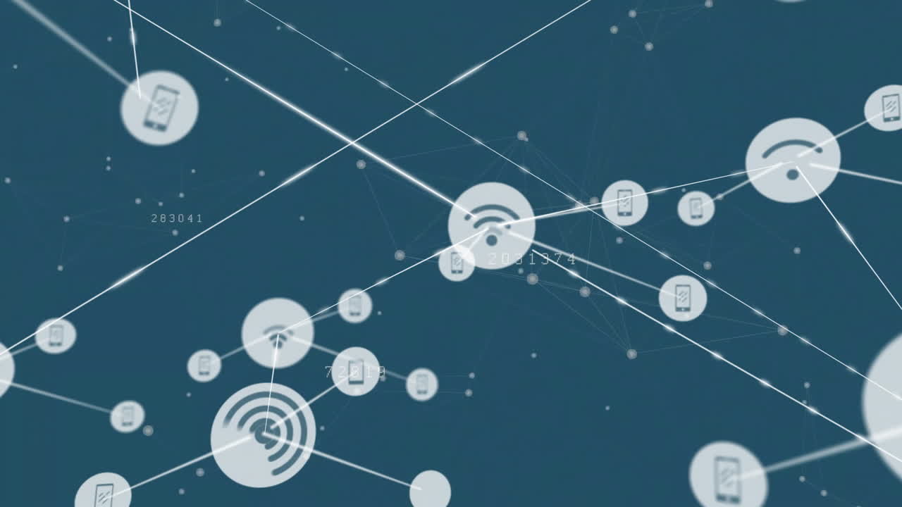 파란색 배경 위의 장치 및 wi-fi 아이콘과의 연결 네트워크의 애니메이션