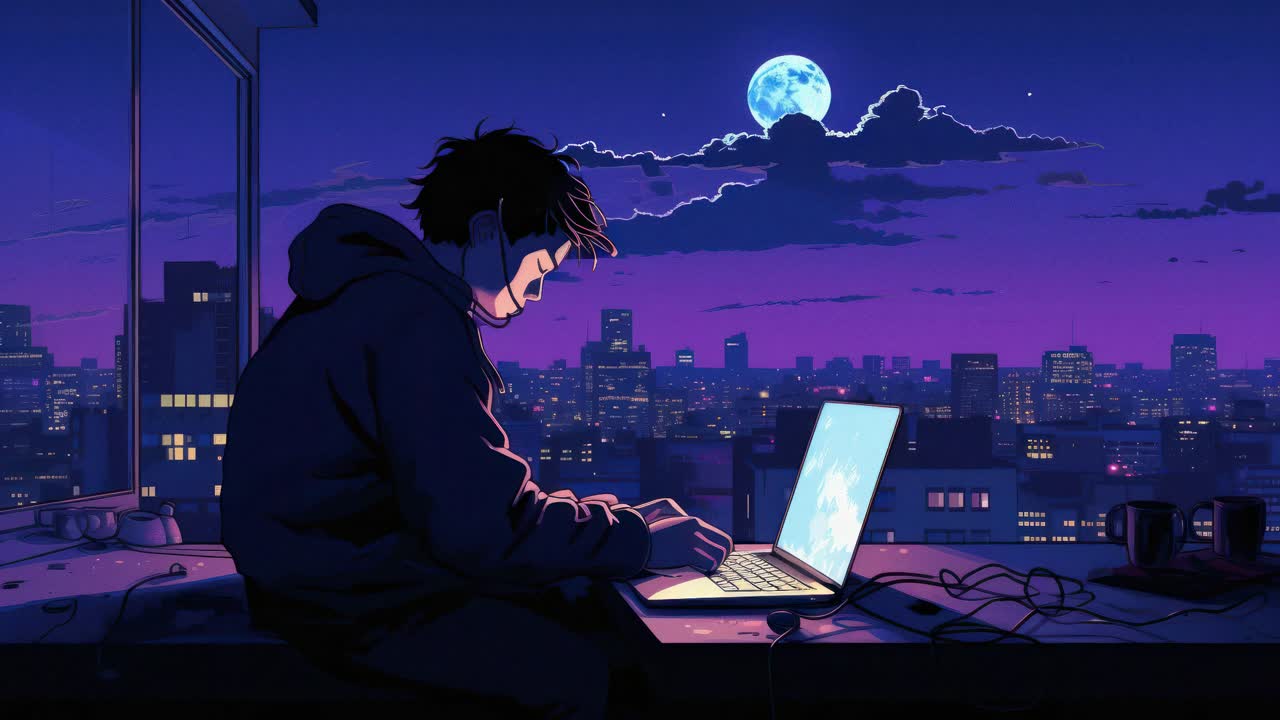 Anime-style video concept with a side angle of a person using a laptop against a cityscape at night