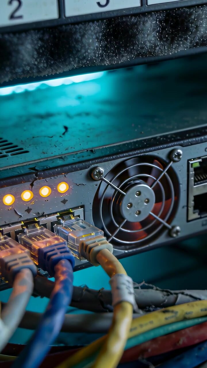 Vertical video: Camera filming rack unit showing spinning fan, amber LEDs, RJ45 cables for status