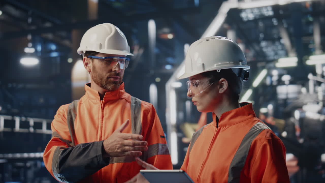 Smart factory technician explaining production woman with tablet close up.