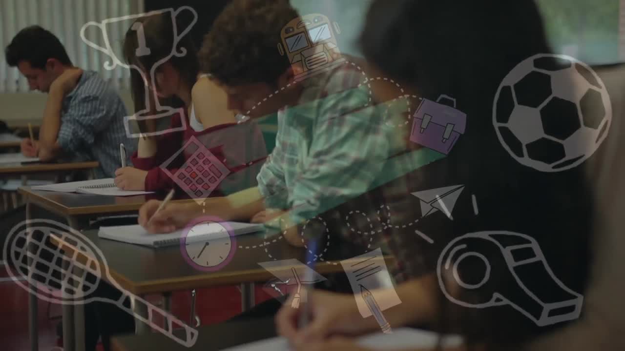 múltiples iconos de concepto deportivo contra un grupo de estudiantes universitarios que estudian en la clase en la universidad