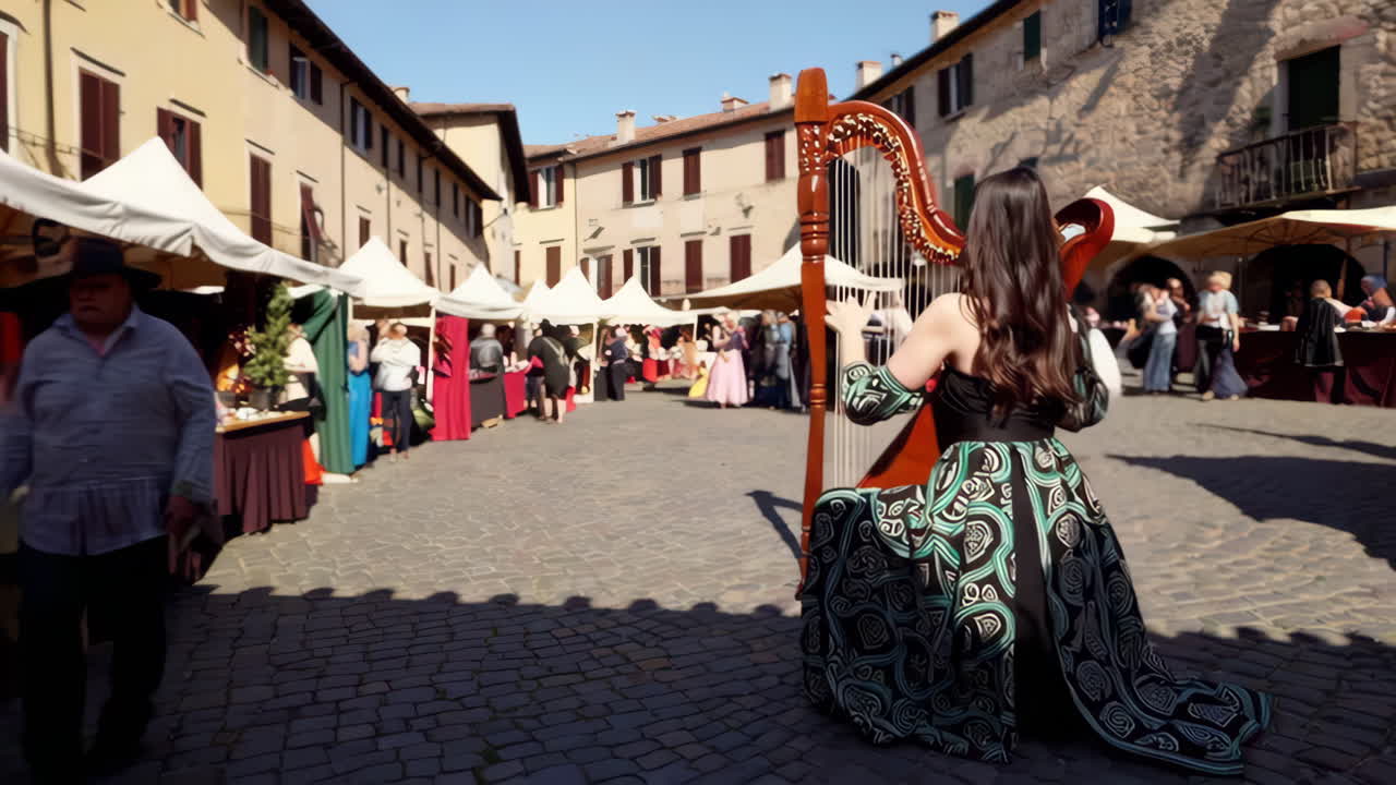 Woman Playing Harp at an Outdoor Festival or Medieval Fair
