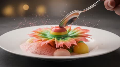 intricate dessert presentation: a masterpiece of culinary art with a colorful floral design and unique textures, capturing elegance and creativity in cuisine