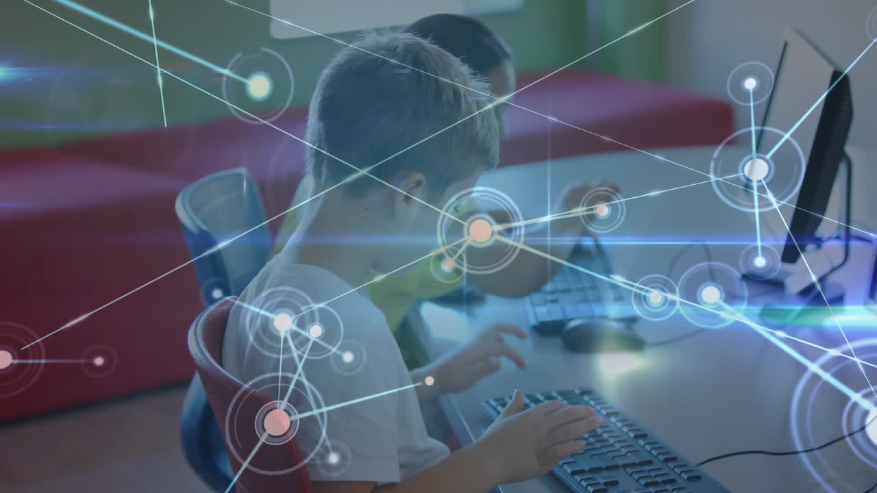 red brillante de conexiones contra el niño caucásico que usa computadora en la escuela