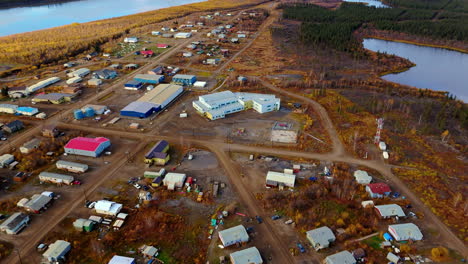 above view of fort mcpherson in inuvik region of the northwest territories, canada. aerial drone shot