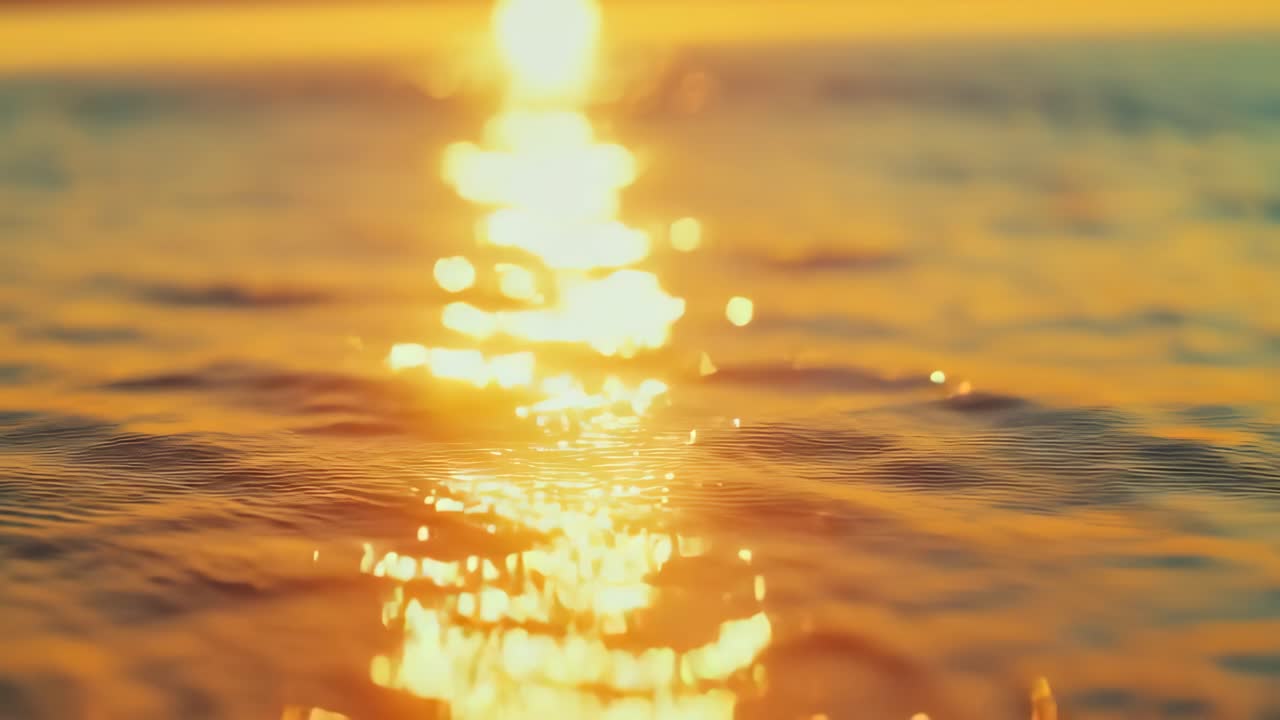 日落时分轻柔海浪的特写视频，捕捉金色倒影。