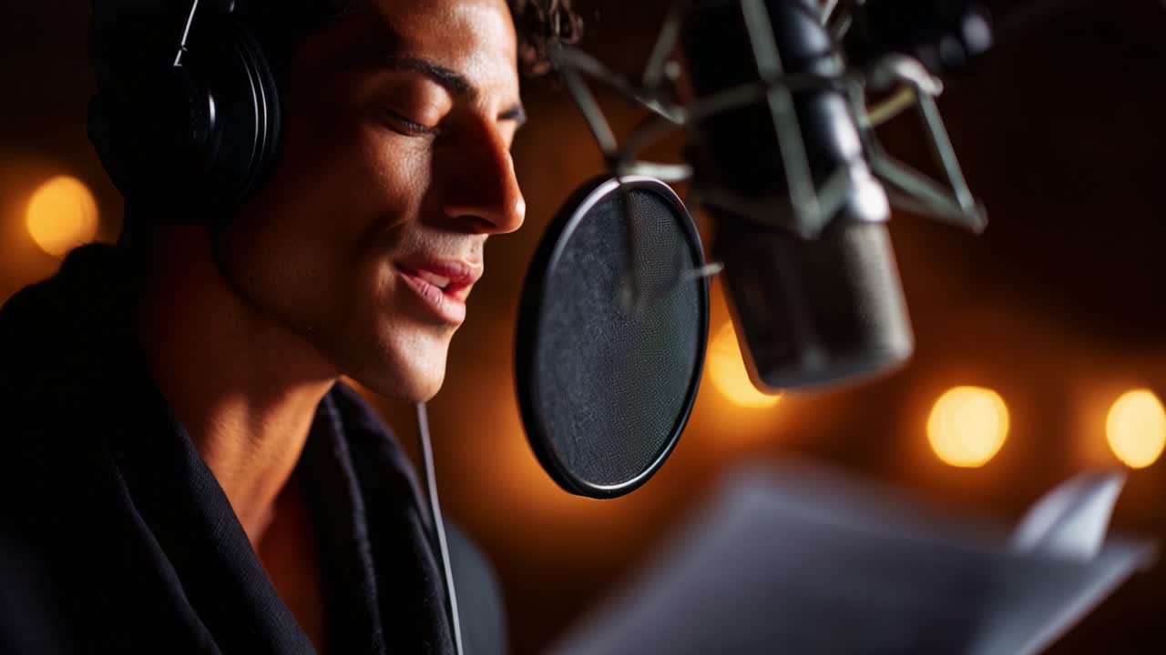 Capturing Emotion and Artistry: A Vocalist Perfects His Performance in the Recording Studio, Surrounded by Warm Lights and an Intimate Atmosphere