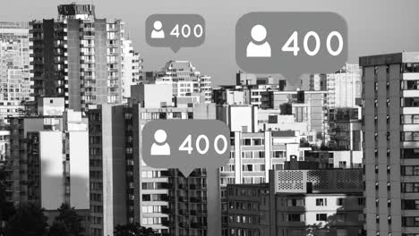 ciudad llena de iconos de seguidores 4k