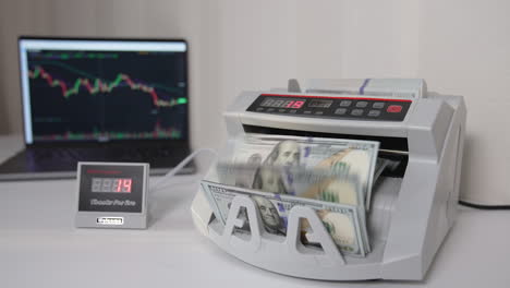man puts a pack of one hundred dollar banknotes into a cash counting machine. us bills counted in equipment. laptop with chart at backdrop in blur.