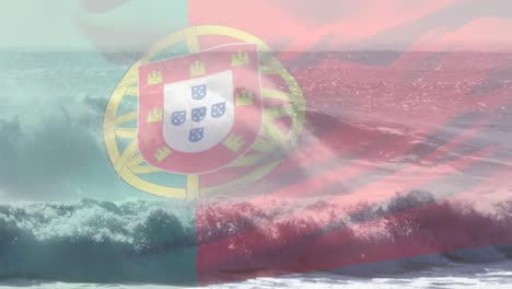 Animación-De-La-Bandera-De-Portugal-Ondeando-Sobre-El-Paisaje-Marino-De-La-Playa.