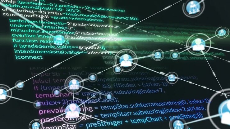 Animation of network of connections with icons and data processing on black background