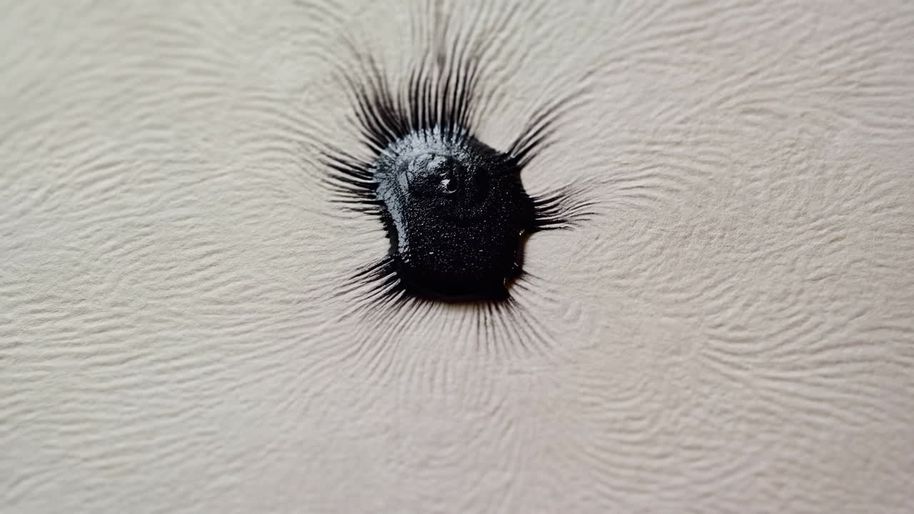 Macro Shot of Black Liquid Drop Forming Spikes on Textured Surface