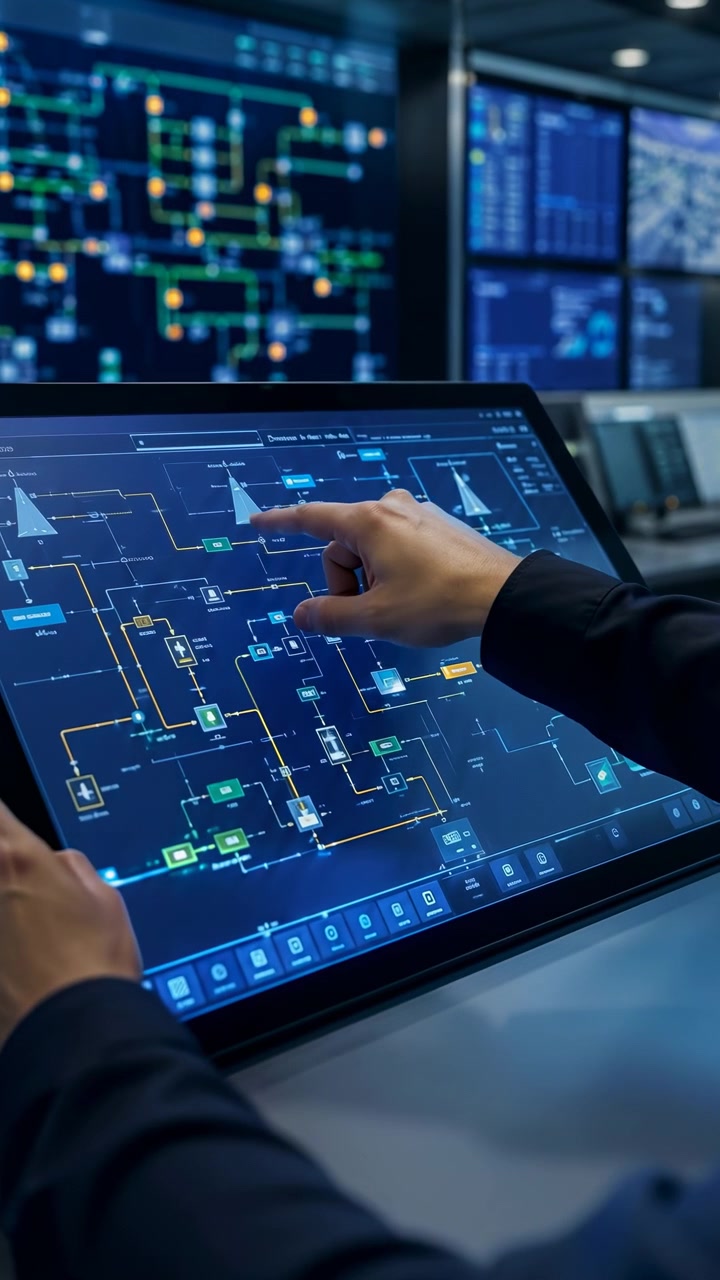 Fingers move between nodes on tilted digital panel while bright paths and interface elements change on screen, framed by blurred wall displays filled with colorful technical diagrams.