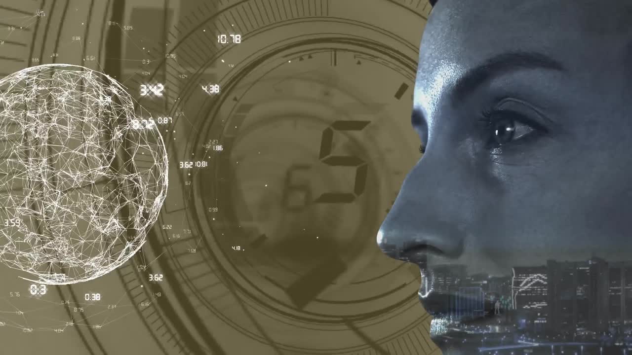 animación del globo con red de conexión sobre el rostro de la mujer