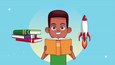 afro niño estudiante leyendo libros con personaje animado de cohetes