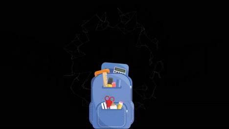 Animation-of-back-pack-over-school-items-icons-and-network-of-connections-on-blackboard