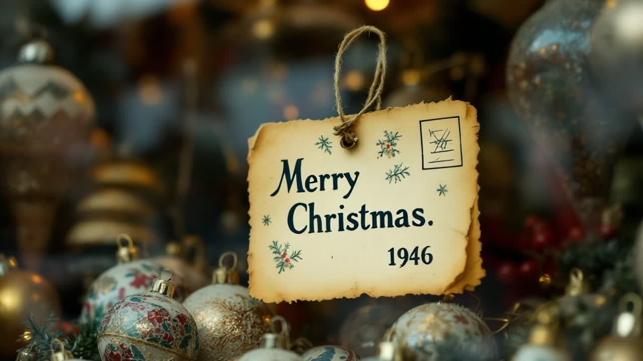 Vintage «God jul»-merke og julepynt.