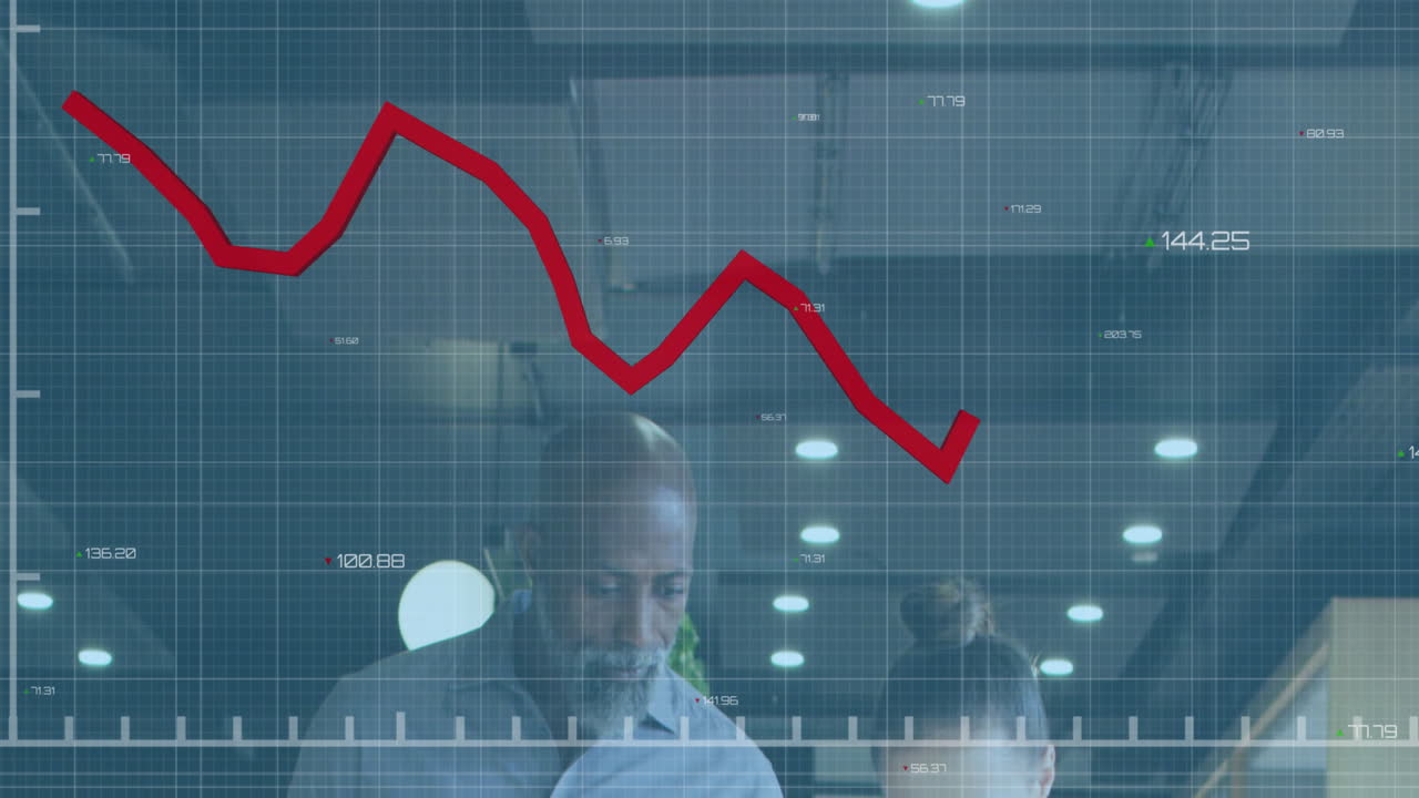 Animation of statistical data processing against diverse man and woman discussing at office