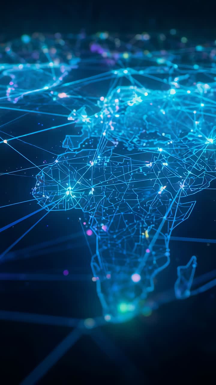 Vertical video: Focusing camera on wireframe Africa, revealing pulsing southern flare linking nodes
