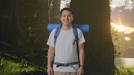excursionista masculino asiático con mochila de montañismo sonriendo a la cámara mientras explora la naturaleza del bosque
