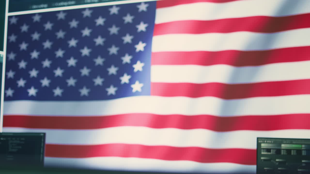 Cyber intelligence and secure operations center with USA flag on big screen