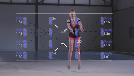 animation of data processing over happy caucasian female gymnast jumping