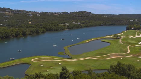 Aerial-view-of-Lake-Austin-and-surrounding-landscape-in-Austin,-Texas