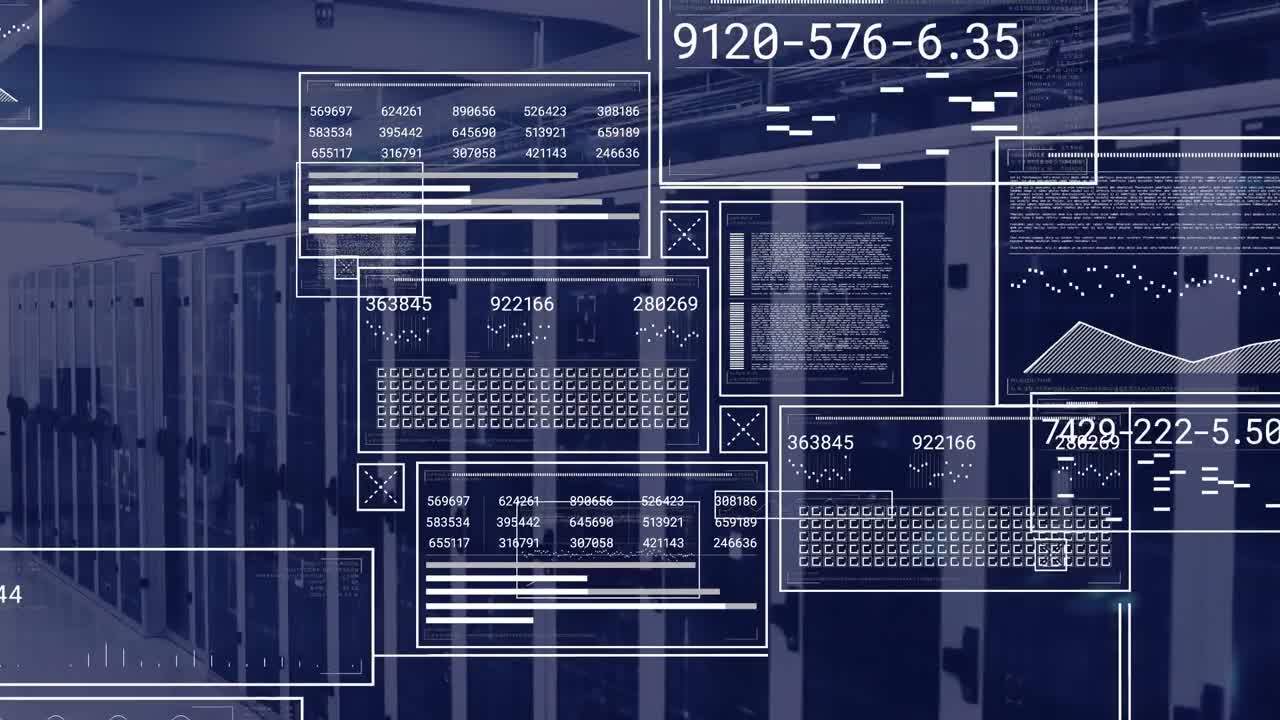 animación de gráficos, números cambiantes, círculos de carga, barras y cuadrados sobre la sala del servidor