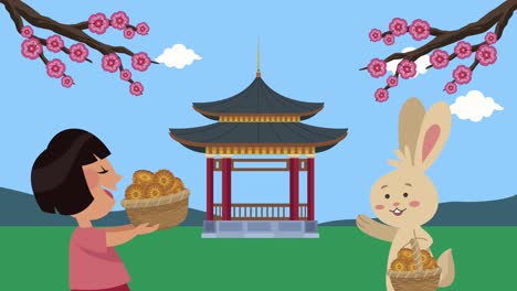 feliz festival de mediados de otoño animación con chica asiática y conejo