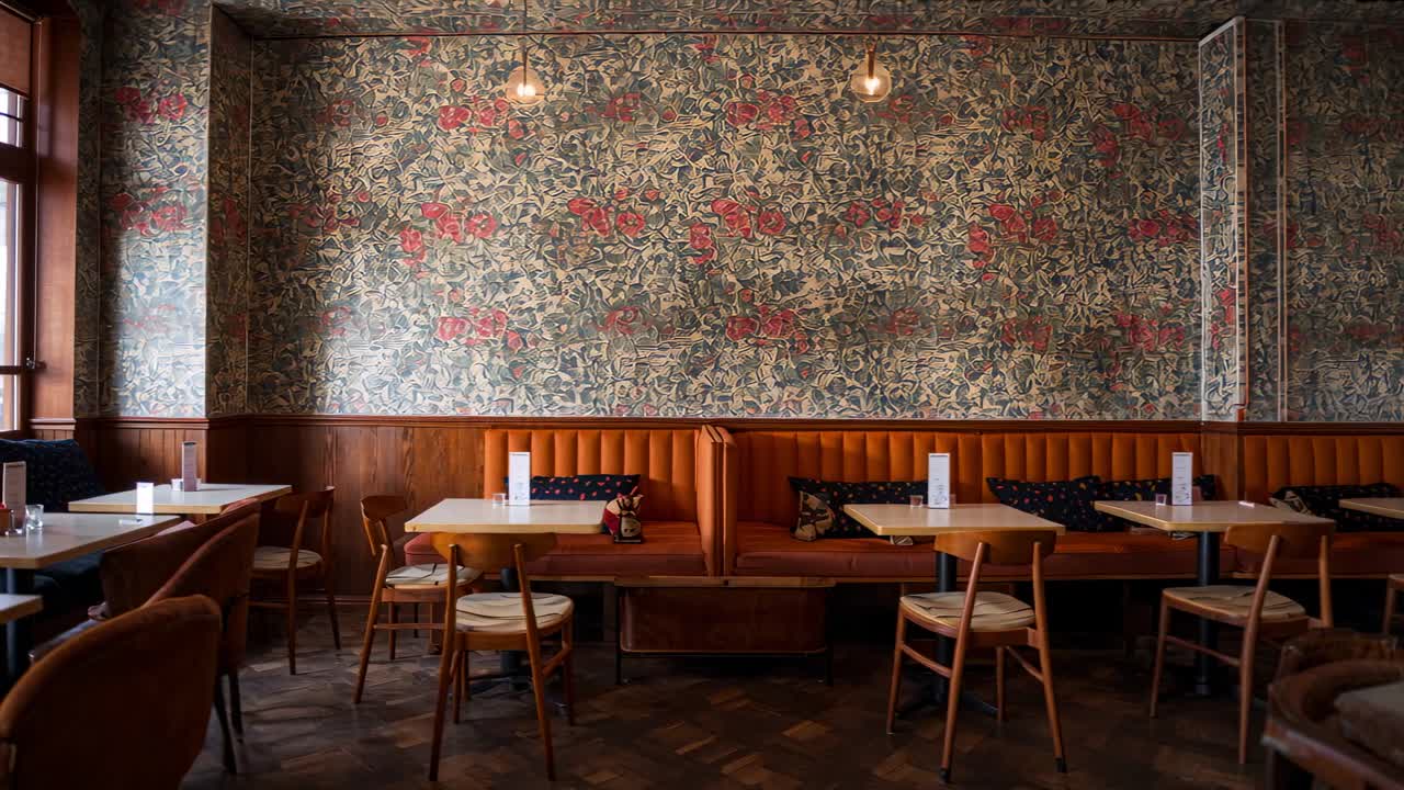 Panning camera revealing orange tufted banquette and three white tables at cafe, window brightening