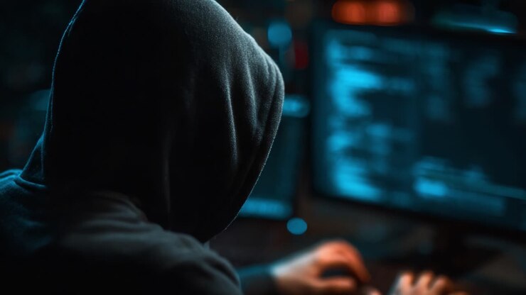 Una figura concentrata con una felpa scura interagisce intensamente con due schermi di computer, immersa nel mondo digitale, evidenziando il fascino enigmatico dell'esplorazione cibernetica e della programmazione.