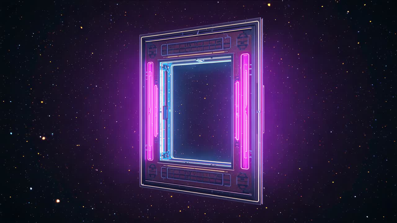 Rotating neon portal aligning to camera on start in star-field, pulsing magenta tubes, cyan trim