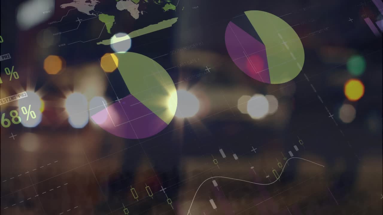 animación del procesamiento de datos estadísticos sobre una vista borrosa de personas que caminan por la calle por la noche