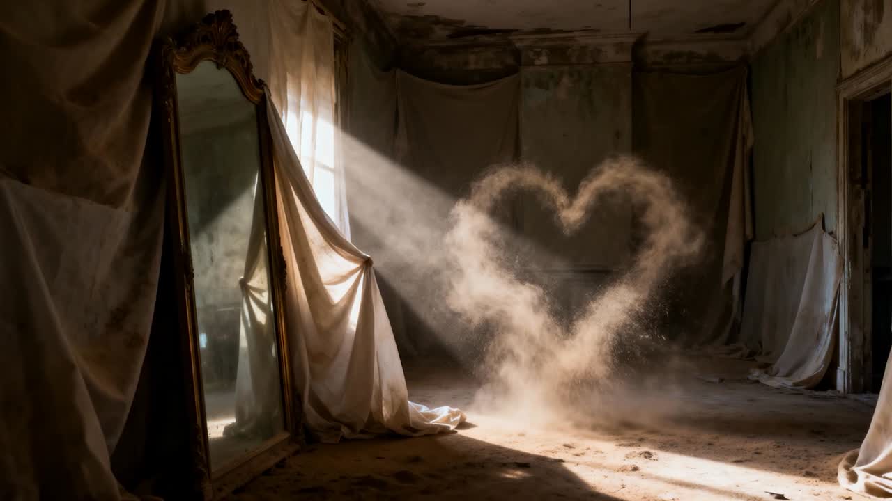 Un raggio di sole solleva la polvere, formando un pennacchio a forma di cuore che si innalza in una stanza fatiscente, illuminando uno specchio.