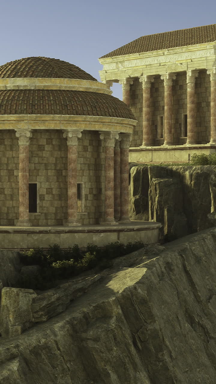 Antichi templi su scogliere rocciose che si affacciano su acque serene all'alba