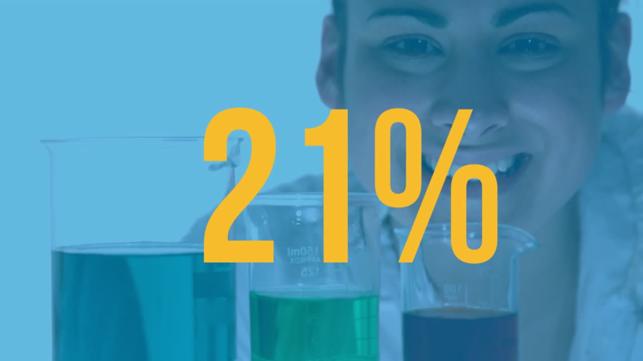 animación del porcentaje de crecimiento sobre vasos de laboratorio y científica caucásica.