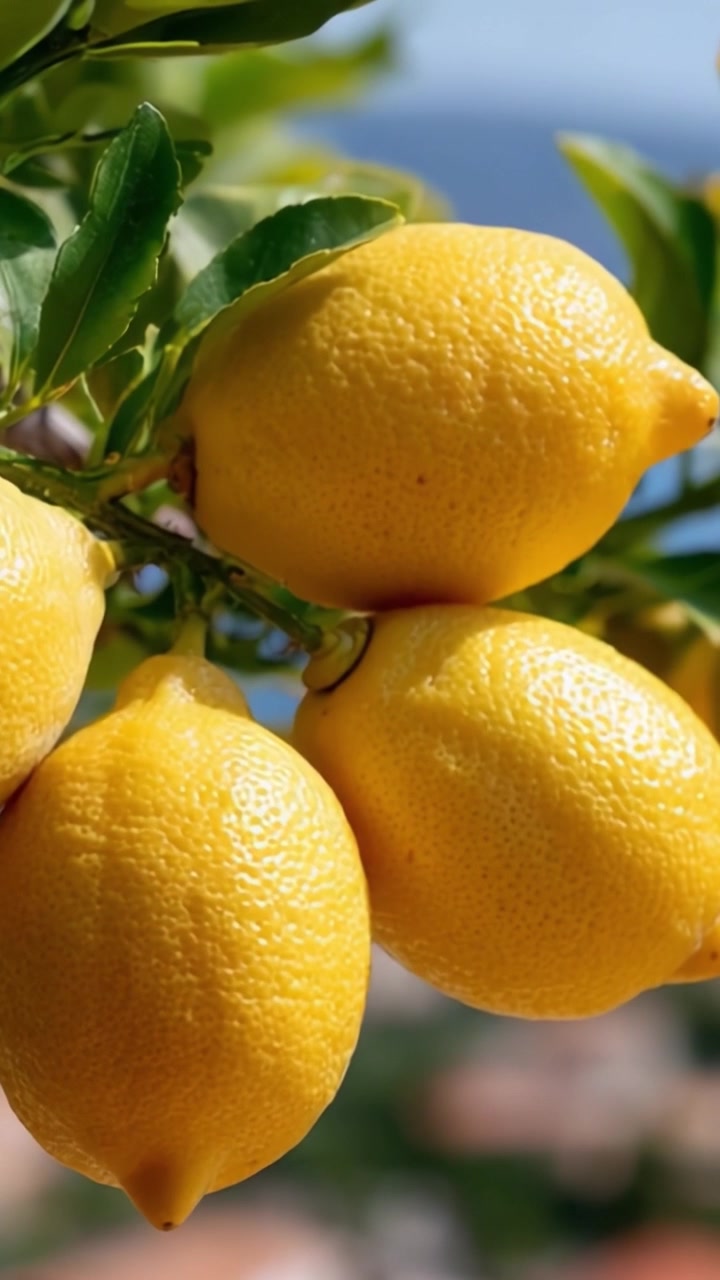 Limoni freschi e vivaci che brillano alla luce naturale, evidenziando la loro consistenza succosa e il colore giallo brillante su uno sfondo tenue di verde e blu.
