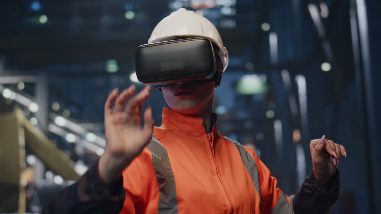Factory technician wearing virtual reality goggle in production facility closeup