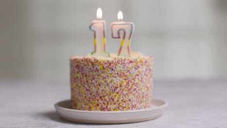 studio shot birthday cake covered with decorations and candle celebrating seventeenth birthday being blown out