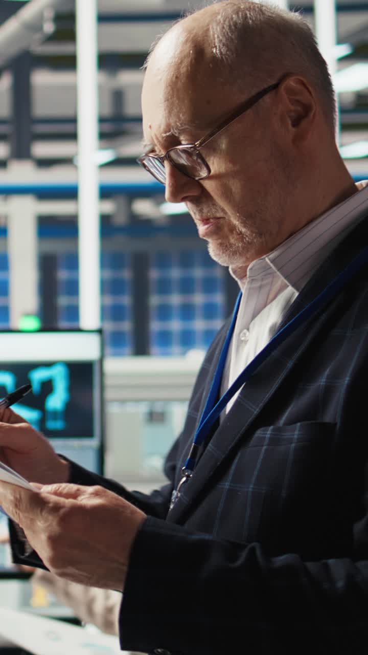 Vertical video Portrait of smiling industrial plant shareholder conducting research