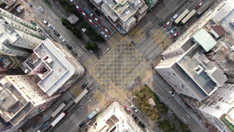 Downtown-Hong-Kong-buildings,-Crosswalk-and-traffic,-High-altitude-aerial-view