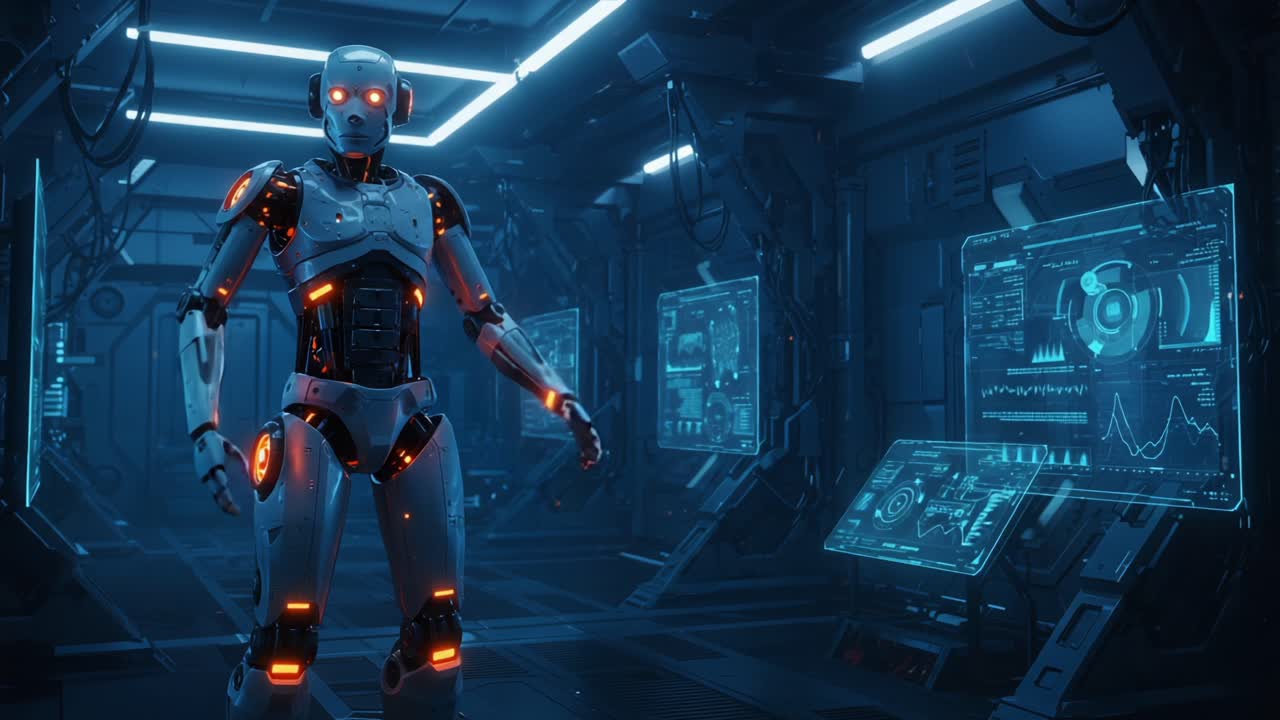 Esplorando le profondità di un laboratorio di robotica futuristico: un droide high-tech in un ambiente illuminato al neon con display e interfacce avanzate