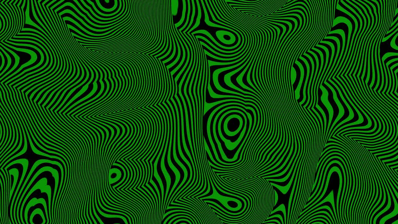 Swirling trippy lines animation visual effects with hypnotic psychedelic vibrant motion graphics flowing radiant shapes and shifting patterns creating an immersive illusion scene colour green olive