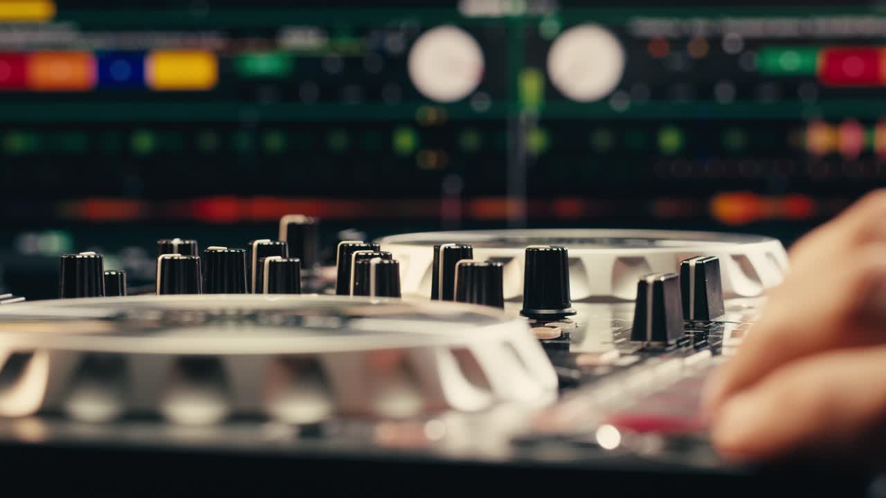 DJ with headphones and sunglasses playing music on festival in night club. Techno musician performing at nightclub for concert crowd of people, city bar.