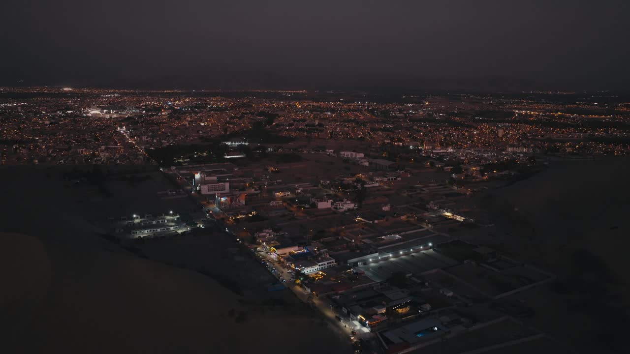 Drone Flight Over The City At Night In Peru. Aerial, Wide Shot