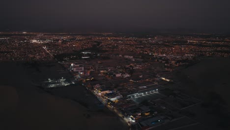 drone flight over the city at night in peru. aerial, wide shot