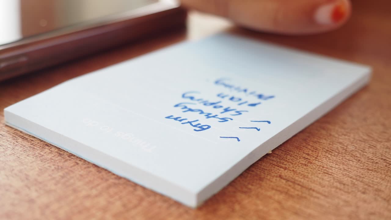 노트 패드 에 쓰여진 여자 의 손 의 근접적 인 모습