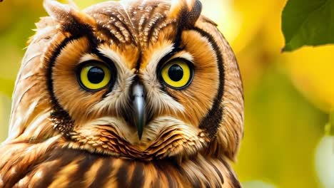 an owl sitting on a tree branch with yellow leaves