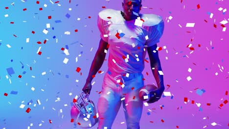 Animation-Von-Konfetti,-Das-über-Einen-Amerikanischen-Fußballspieler-Auf-Neonfarbenem-Hintergrund-Fällt