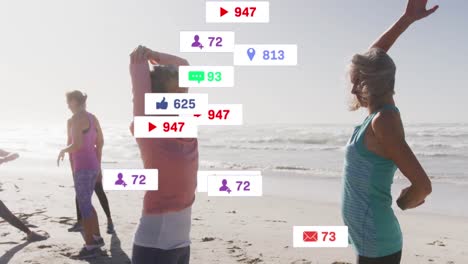 Animation-of-social-media-notifications,-over-senior-women-exercising-on-beach